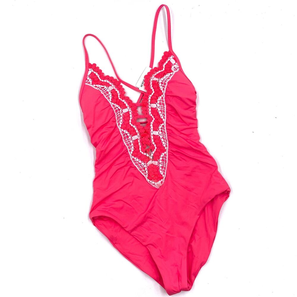 Becca Rebecca Virtue Delilah One Piece Swimsuit Coral‎ Crush Lace Up Back Sz S